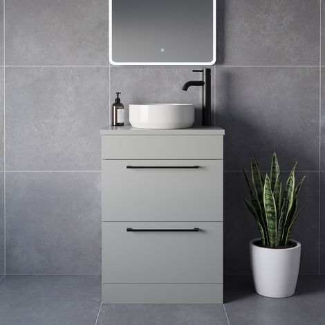 Napoli 390 Gloss Grey Pearl 600mm 2 Drawer Vanity Unit for Countertop Basins - 600mm - Matt Black 320mm Handle