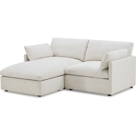 Canapé d'angle réversible beige en plumes et pouf modulable - MOLLIE (1/5)