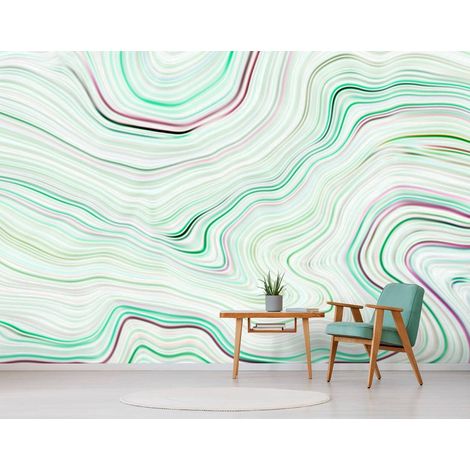 Papier peint panoramique graphique pous salle de bain | Tapisserie panoramique verte et beige tendance | Papier peint panoramique pour bureau - 270 x 400 cm (4 pièces) (1/5)