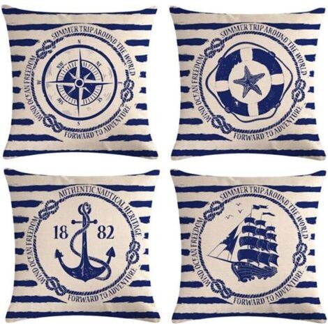 4 pièces housse de coussin voile Navigation boussole housse de coussin décorative coton lin jeter taies d'oreiller 45x45 cm (1/5)