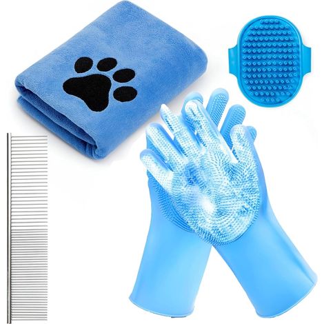 4 in 1 Dog Bath Kit - Grooming Set with Drying Towel, Washing Gloves, Metal Comb, Massage Brush - Pet Grooming Accessories (4-Blue) (1/3)