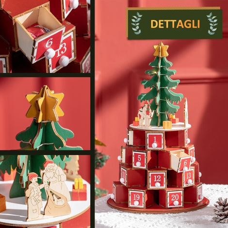 Calendrier de l'Avent Arbre de Noël lumineux 10 LED, 22x22x35 cm, en bois contreplaqué, couleurs rouge, vert et jaune (1/5)