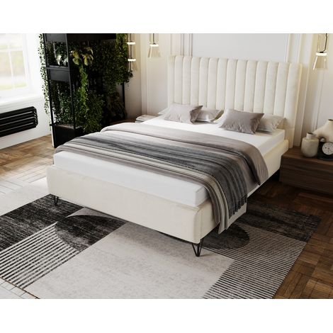 Emporius Lit double 160x200 cm Florence, lit rembourré en velours avec sommier à lattes, pieds 15 cm, Beige (1/5)