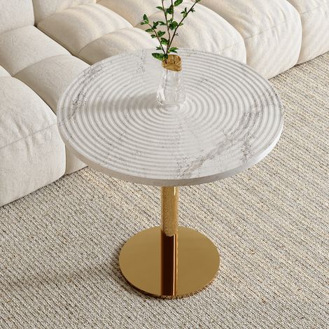 RunderEsstisch,80cmDurchmesser,MDF-TischplattemitJahresring-Muster,WeißMarmoroptik,goldenemMetallgestell,modernerEsszimmertisch (1/5)
