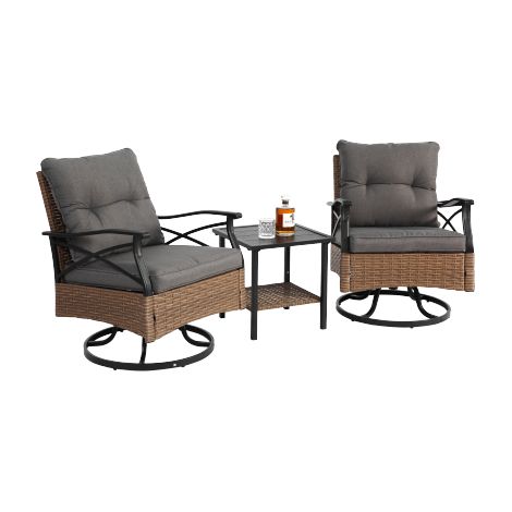 Salon de jardin bistrot rotin marron 3 pièces ensemble de conversation patio extérieur 1 table et 2 chaises à bascule pivotantes supportent 350lbs (1/5)