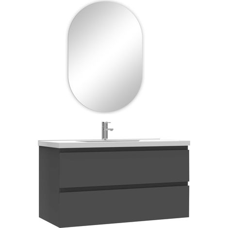Ocean ensemble meuble Salle de Bain 100cm Blanc simple vasque + miroir ovale (1/4)
