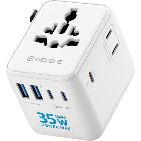 Adaptateur Prise Universelle avec 3 USB-C(GaN 35W) & 2 USB-A Adaptateur Voyage International, PAS un Convertisseur de Tension, Concerner France vers USA, UK, EU, AU & 200+ Pays (Blanc) (1/5)