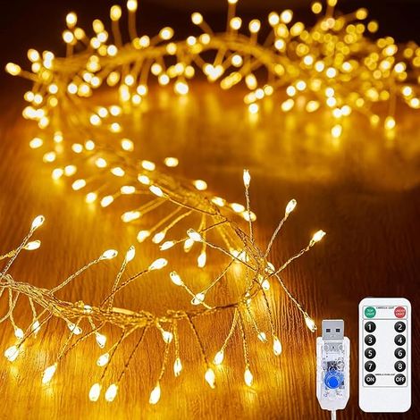 KINGCOO Guirlande Lumineuse LED Féeriques avec Télécommande, Étanche Cluster Lumières Fil d'Argent Alimenté par USB pour Extérieur Intérieur Mariage Noël Fête Décoration (6M 200LED Blanc chaud) (1/5)