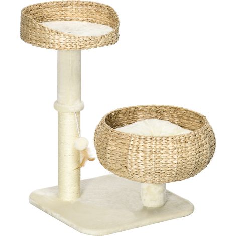 Arbre à chat griffoir 2 étages 72 cm de haut poteau en sisal avec cachette et plateforme balle suspendue (1/5)