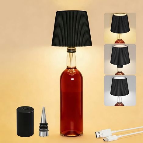 Lampe de Bouteille Sans Fil Rechargeable USB, Contrôle Tactile de 3 Températures de Couleur, 5200 mAh LED Lampe Bouchon de Bouteille, IP54 Etanche, pour Restaurant, Bar, Chambre (Noir) (1/5)