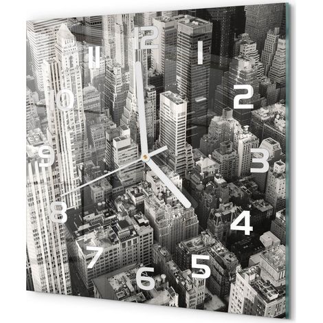 Horloge Murale Carrée Tendance Verre Trempé Silencieuse Déco Salon Maison Vol d'oiseau à New York 30x30 cm (1/5)