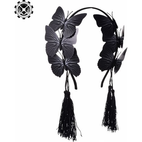 Gothic black butterfly headband, Lolita tassel dark headband, holiday party hair accessory (1/3)