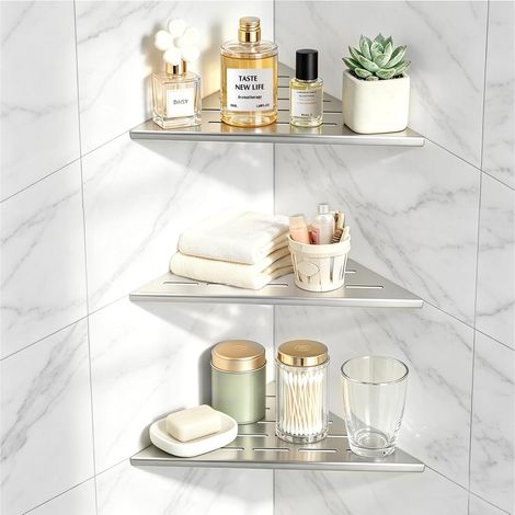 Lot de 3 Étagères d’angle pour douche en acier inox 304 étagère d’angle mural 1,5mm d'ép. Encastrée dans le carrelage avec fentes d’écoulement pour salle de bain et cuisine (Brossée, 254mm) (1/5)