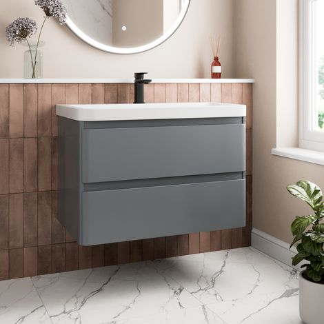 Grey Bathroom Furniture Vanity Unit Basin Storage Cabinet Cupboard 800mm Wall Hung