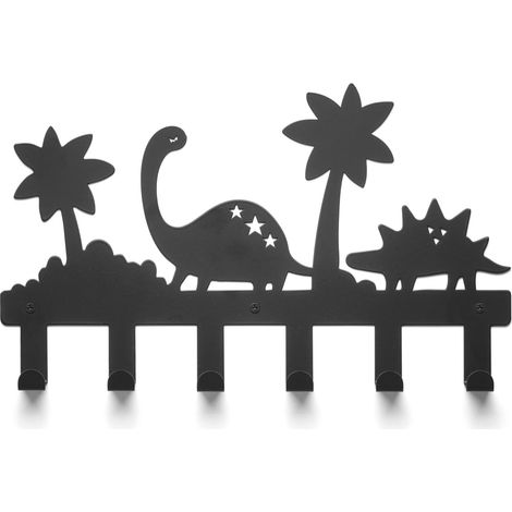 TOJ Living Porte-manteau mural enfant 6 crochets – Patère enfant – Motif dinosaure / jungle – Acier inoxydable – 40 cm – noir mat (1/4)