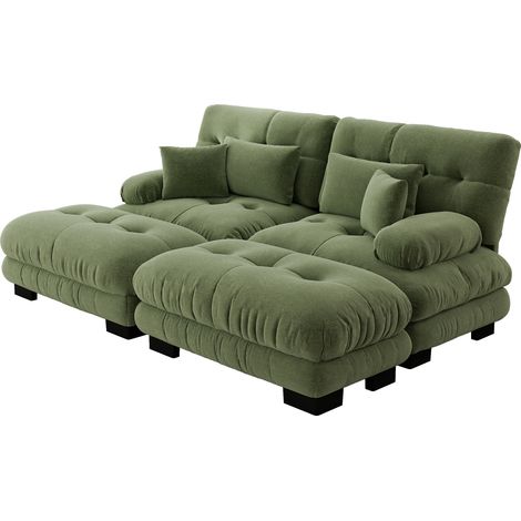 CAIziCanapé d'angle nuage pour salon, canapé double en chenille avec 2 coussins lombaires et 2 coussins décoratifs, canapé rembourré à larges accoudoirs et 2 ottomans, vert en chenille (1/5)