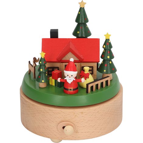 Boîte à musique rotative en bois, maison du Père Noël à fond rond pour décoration de Noël (1/5)