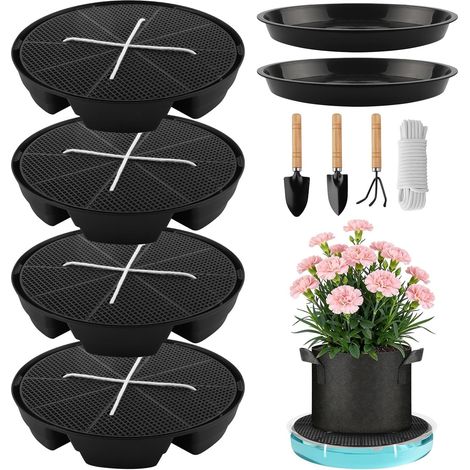 Lot de 4 dessous de pot en tissu auto-arrosage automatique 30 cm  Arrosage pour pots de fleurs et pots en tissu, disques d'irrigation ronds avec corde en coton, bacs d'eau anti-fuite, noir (1/5)