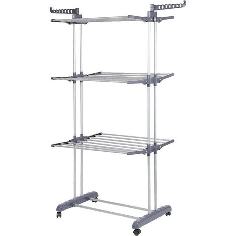 Séchoir à linge à 3 étages avec 4 roues, étendoir à linge extensible avec ailes pliables, 172 cm de haut, étendoir à linge peu encombrant pour les familles nombreuses, gris argenté (1/5)