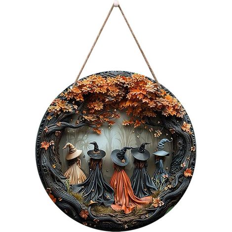 Panneau de porte rond en bois pour Halloween - Décoration murale en bois avec motif de sorcière 2D - Décoration de porte unique pour vos fêtes (1/5)
