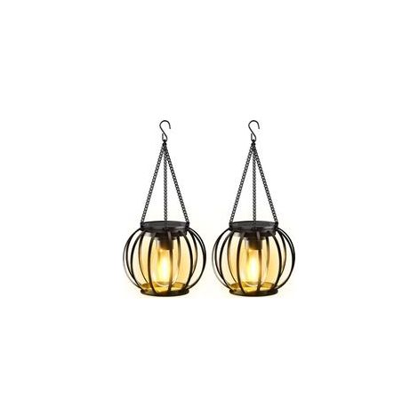Lampe Solaire Exterieur Jardin, 2 Pièces Métal Lanterne Solaire Exterieur avec Ampoule LED, IP65 Étanche Decoration Jardin Exterieur avec Crochets et Chaînes pour Terrasse Pelouse Balcon Cour