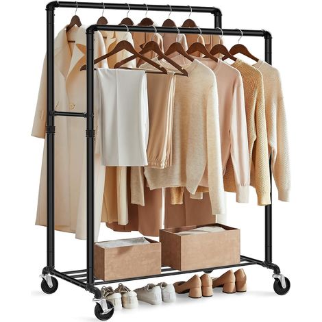 Portant à Vêtements à Roulettes, Porte-manteaux, Penderie, Charge 110 kg, avec Double Tringle et Étagère de Rangement, Style Industriel, pour Chambre, Buanderie, Noir (1/5)