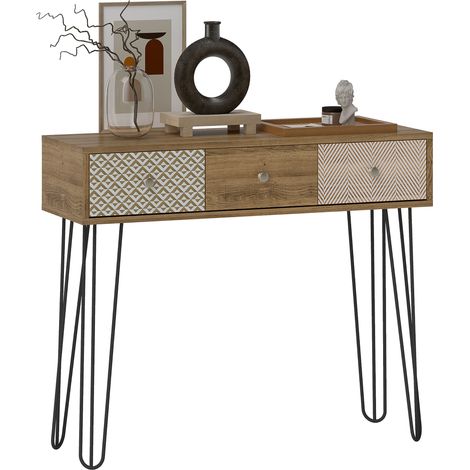 HOMCOM mesa de consola, mesa de sofá con 3 cajones, consola para recibidor estrecha con patas de acero tipo horquilla, natural