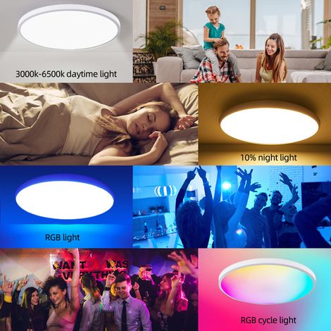 RCBBETT ZA SAS Plafonnier LED RGB multicolore rond, design moderne épuré, intensité et couleur réglables – pour chambre et salon
