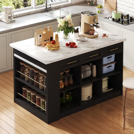 Isola cucina 150x90x90 cm con tavolo allungabile e contenitore, in legno e MDF nero - nero. (1/5)