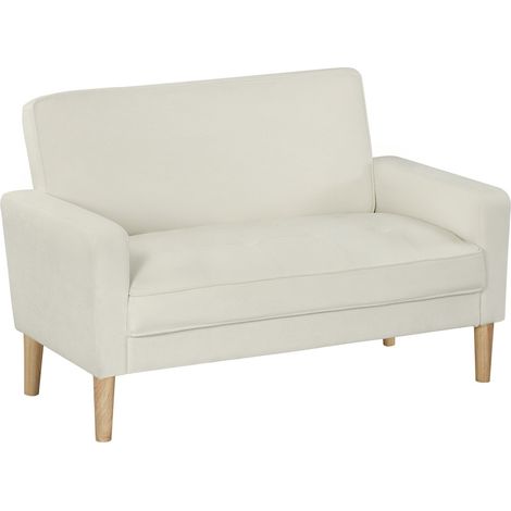 2-Sitzer-Sofa, Cremeweiß, Beine aus Gummibaumholz, Stoff in Samtoptik