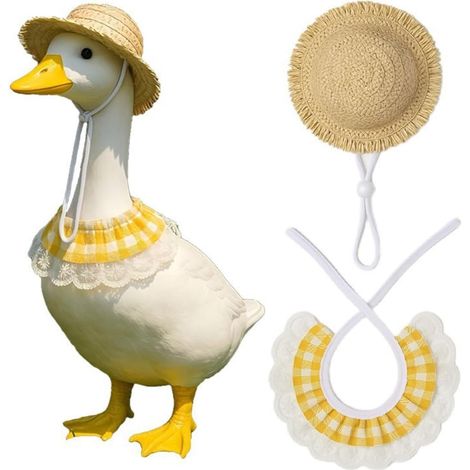Statue de canard décorative de jardin avec chapeau de paille et collier vichy jaune, blanc, décoration de jardin avec décorations d'oie, chapeau de paille pour chien, serviette de bave