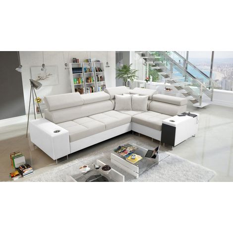 Elegantes Ecksofa mit Konsole und Ladegerät MORENA II Kunstleder/Uttario Velvet Weiß/Ecru Rechts (1/5)