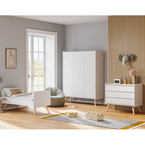 Vollständiges Schlafzimmer Ausziehbares Bett 70x140 Wickelkommode und 3-türiger Schrank Vox Vintage Weiß und Holz (1/5)