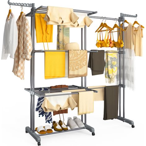 VOUNOT 4 Tier Large Retractable Clothes Airer with Wings, 190×64×170cm, Grey