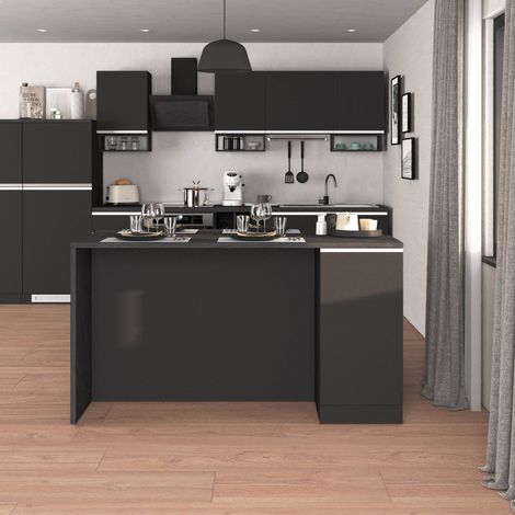 WHOUS Isola Cucina SOLE con 2 ante, tavolo da pranzo e piano di lavoro, ideale per open space e spazi ridotti, 160x90x90 cm, antracite opaco e report
