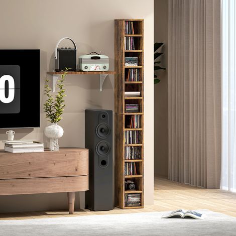 Rangement mural CD/DVD 12 casiers, jusqu'à 204 disques, dimensions 21x20x175 cm, finition chêne rustique, étagère compacte en bois pour médiathèque (1/5)
