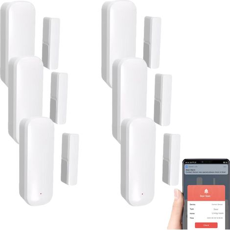 Lot de 6 capteurs de porte WiFi intelligents - Capteurs de porte et fenêtre sans fil avec alarme magnétique, détecteur d'ouverture de porte et notification à distance via application (1/5)