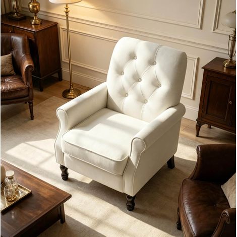 Sillón de tela de lino crema 69x75x90 cm, diseño moderno para salón FloraGrace (1/5)