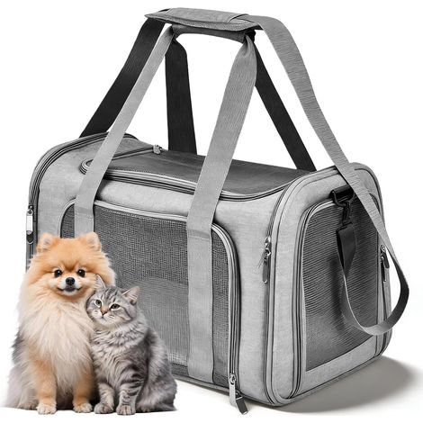 Sac Transport Chat Chien, 45 x 30 x 30 cm Sac de Transport pour Chat, Sac de Transport pour Animal, Sac de Transport pour Chats Pliable pour Chiens et Chats avec Bandoulière Réglable Gris (1/5)