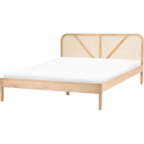 Bed Light Brown Pine Wood Frame Rattan Headboard EU King Size 5ft3 Retro Style Bedroom BELLEME (1/5)