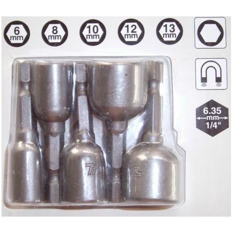 Makita B-39154 - Juego de llaves de vaso (1/4", 5 piezas, SW6 – SW13, magnéticas, 50 mm de largo)