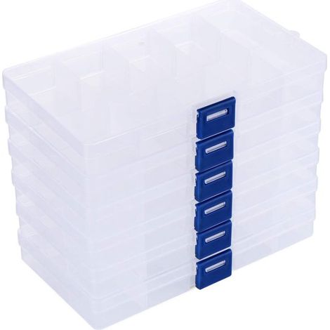 Caja de almacenamiento transparente 6 piezas, caja clasificadora plástico ajustable tapa, caja surtido ajustable divisores frontales extraíbles (1/5)