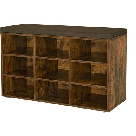 Banc à chaussures, banc de rangement avec assise rembourrée, avec coussin, 9 compartiments, étagères réglables, pour salon, entrée, 30,3 x 78,5 x 48 cm, marron rustique LHS009B01 (1/5)