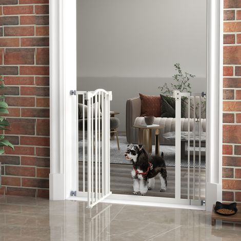 Cancelletto per cani con larghezza regolabile 76-104 cm, barriera di sicurezza per cani con 2 estensioni, bianco