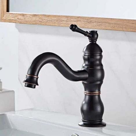 Robinet Lavabo Noir Rétro, Pivotant à 360° Robinet Salle Bain, Mitigeur Lavabo en Laiton, Mitigeur Salle Bain avec Valve en Céramique Neuve (1/5)