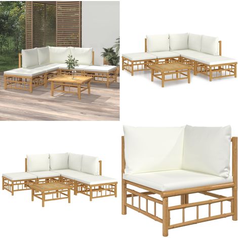 Set de muebles de jardín 6 piezas bambú y cojines blanco crema - Muebles de exterior - Sofás de jardín