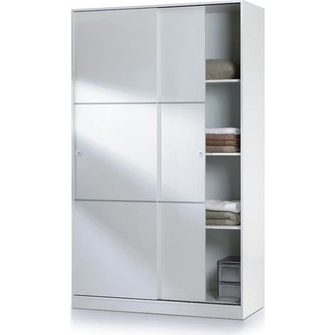Pegane – Armoire dressing modulable 2 portes coulissantes – Dimensions L 120 x H 200 x P 50 cm – Mélamine blanche – Etagères et barre de suspension (1/2)
