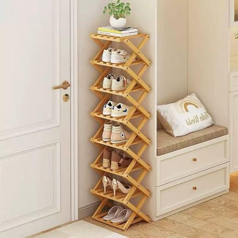 Zapatero plegable multifuncional de 8 niveles de bambú, fabricado en madera natural, ahorra espacio, no requiere montaje, resistente y duradero para el hogar y espacios pequeños. (1/4)
