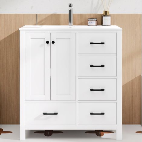 Mueble de baño con lavabo 76 x 46 x 82 cm, MDF blanco, 4 cajones, estantes ajustables HAVRYA (1/5)