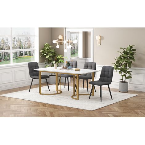 Ensemble table et 4 chaises salle à manger moderne, table 140x80cm pieds métalliques dorés, plateau MDF blanc, chaises en lin gris foncé, set cuisine 5 pièces